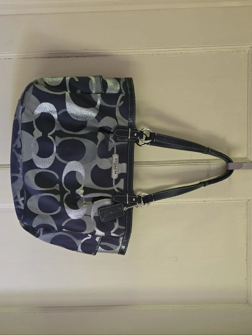 Coach Navy and Silver Signature Shoulder Bag
